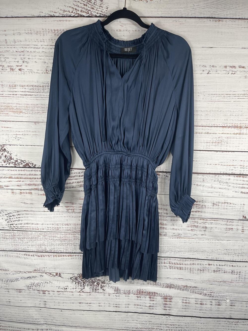 Reset Dress Women's SZ S Blue Long Sleeve Pleated Smocked Waist Mini Boho Style